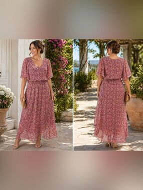 MSK Rose-Pink Floral V-Neck Flutter Sleeve Maxi Dress